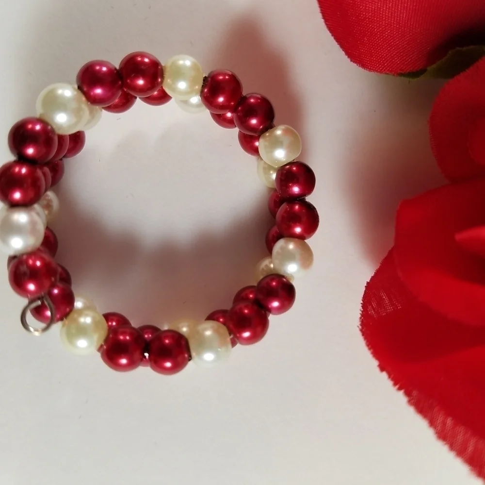 HAND CRAFTED Pearl Wrap Bracelet Red and White Coil Bracelet Memory Wire